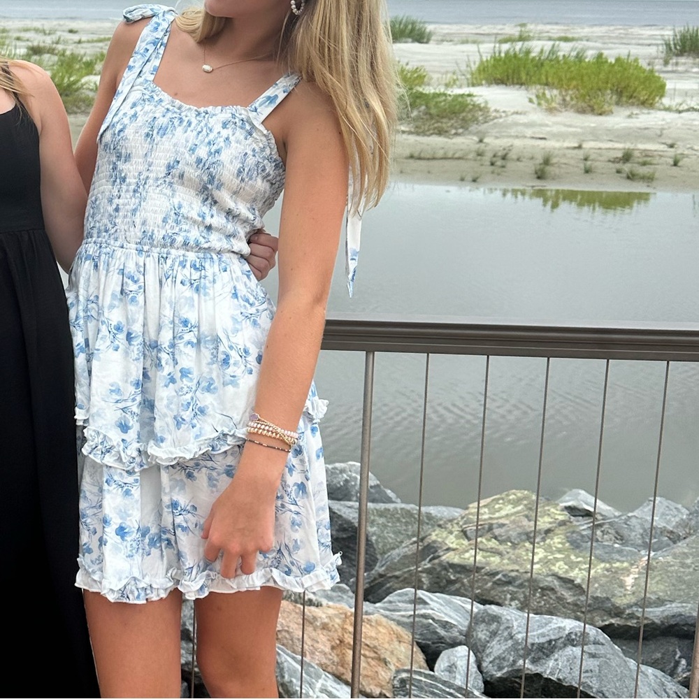 Pink Lily Blue and Cream Floral Dress